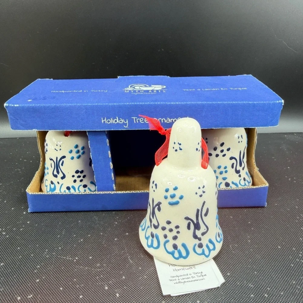 Myth Arts Ceramic Bell Ornaments Set 3 Handpainted Turkey Blue White Holiday NEW